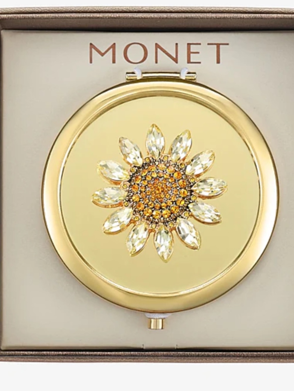 Monet Gold Floral Sunflower Jeweled Compact Mirror - Picture 3 of 7